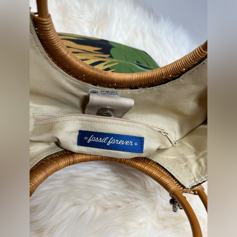 Fossil Forever Vintage Rare Canvas Tropical Foliage Wicker HandleShoulder Bag - Picture 10 of 14